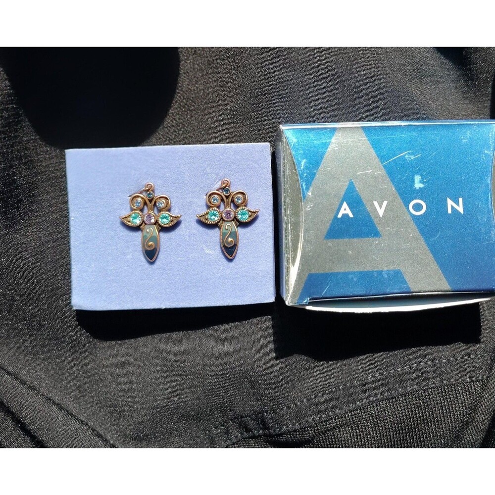 Avon Angel Dangle Earrings Gold Tone Blue Green Purple Rhinestone Enamel Jewelry